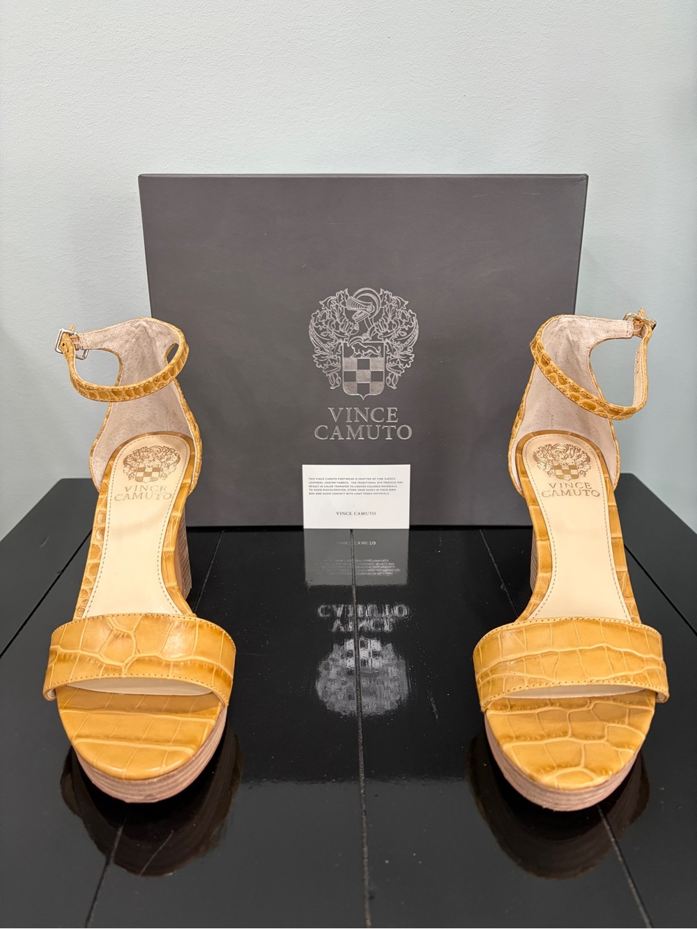 Vince Camuto Yellow Croc-Embossed Ankle-Strap Block Heel Sandals